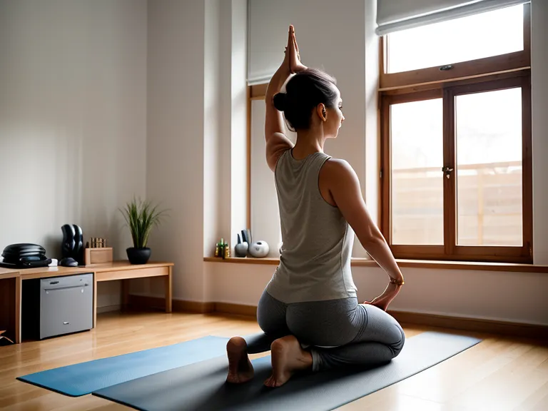 Yoga-Übung im kleinen Homeoffice-Arbeitszimmer als Pilates-Ergänzung für den Rücken