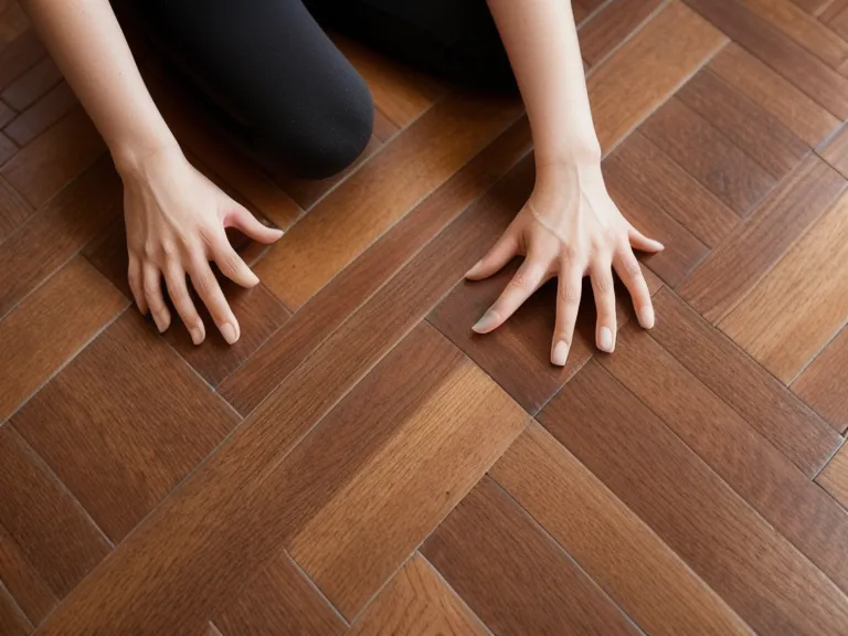 Detailaufnahme einer Hand auf Parkettboden neben der Pilatesmatte im Homeoffice — Alltag bei einem Pilates-Online-Kurs