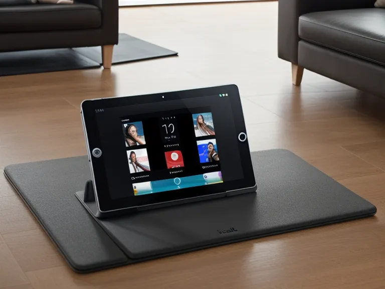 Tablet mit Videothek für Pilates-Online-Kurs neben einer Trainingsmatte, typisch für Homeoffice-Fitness