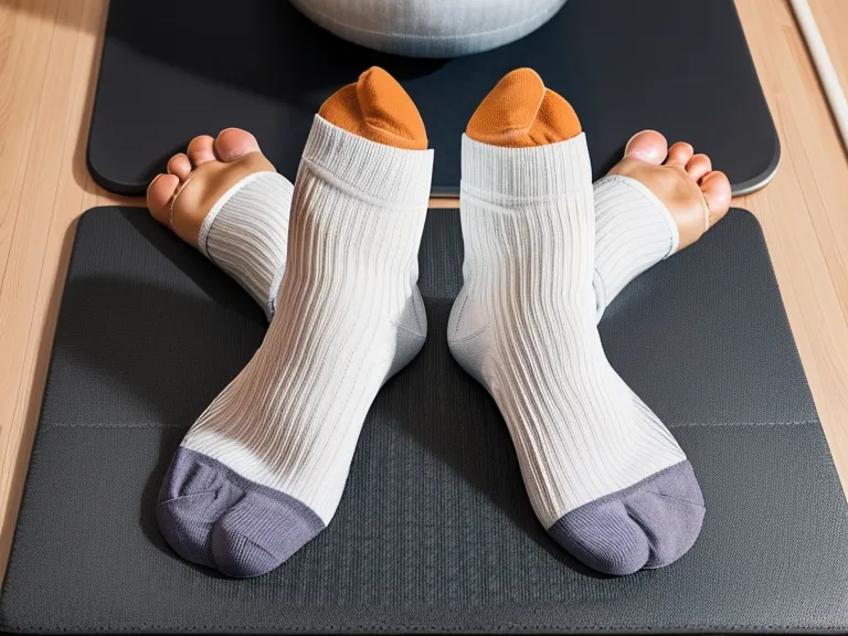 Detailaufnahme von Pilates-Socken auf einer Matte neben einem Arbeitstisch