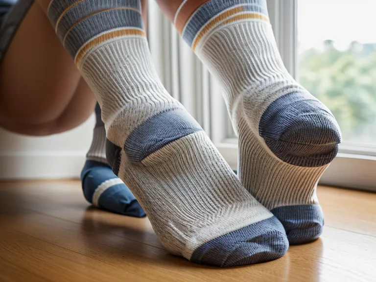 Füße in Pilates-Socken auf einer Matte mit Hund im Hintergrund.