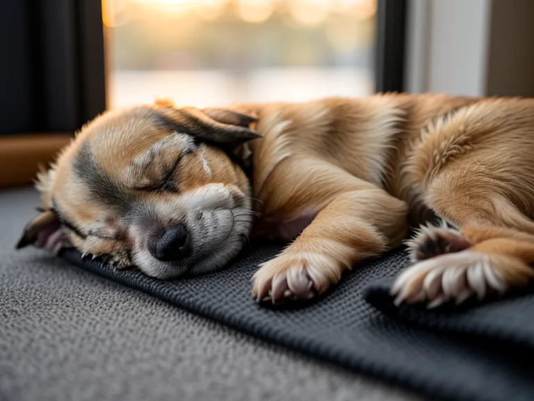 Ein Hund schläft gemütlich auf einer Pilates Matte im Homeoffice