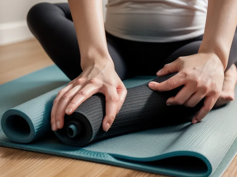 Yogamatte für Online-Pilates ausrollen, Hundepfote am Rand der Matte im Homeoffice