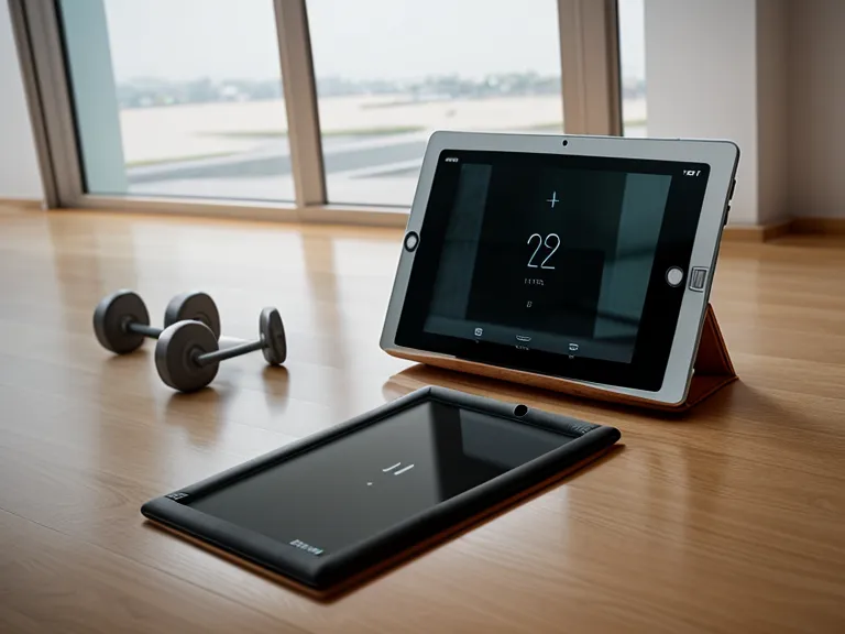 Tablet mit Pilates Online-Kurs auf Holzfußboden neben der Trainingsmatte