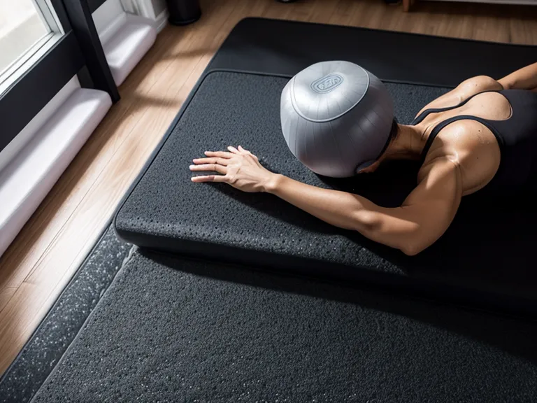 Pilates-Equipment mit kleinem Ball und Matte auf Parkettboden im Arbeitszimmer