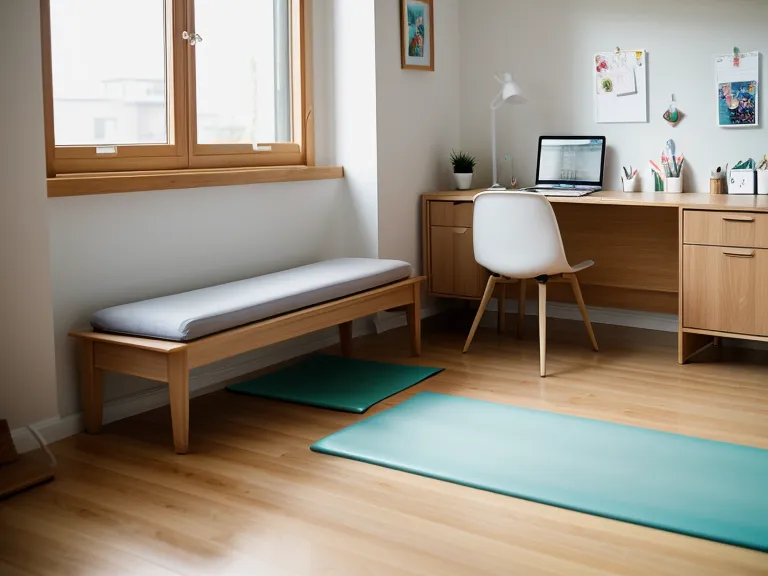 Home-Office-Fitness: Laptop mit Online-Pilates-Kurs für Atemübungen auf dem Schreibtisch