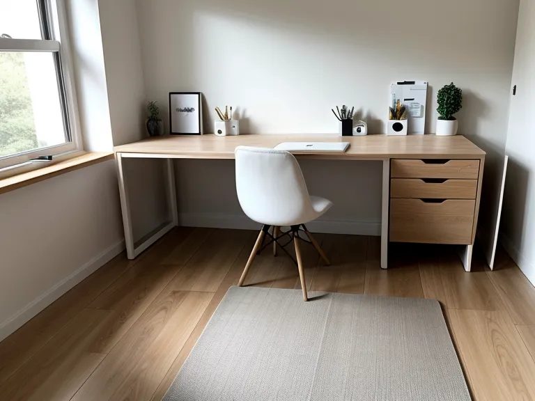 Kaffeetasse am Schreibtisch während einer Pilates Einheit im Hintergrund.