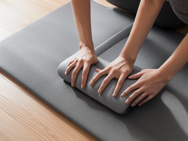 Close-up of rolling out a Pilates mat on a wooden floor