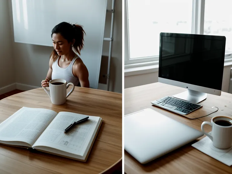 Contrast between a busy desk and a Pilates workout space