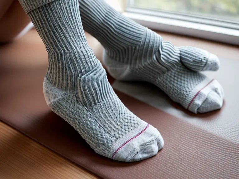 Pilates grip socks on a mat with dog fur visible