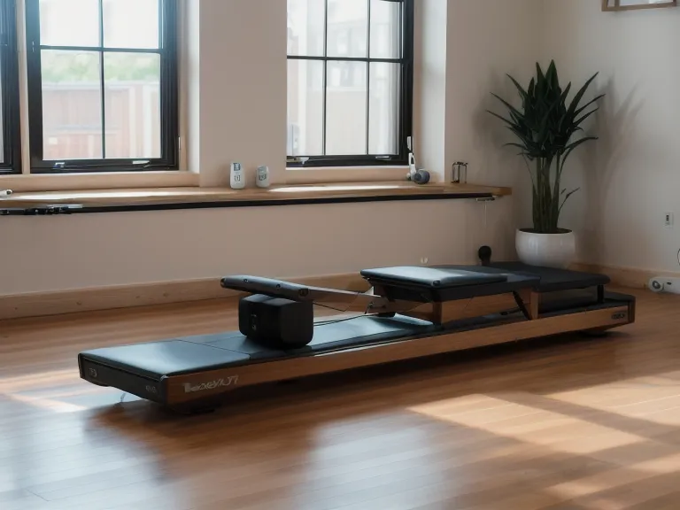 Laptop mit Pilates Online Kurs Videos auf dem Boden neben Trainingsgeräten