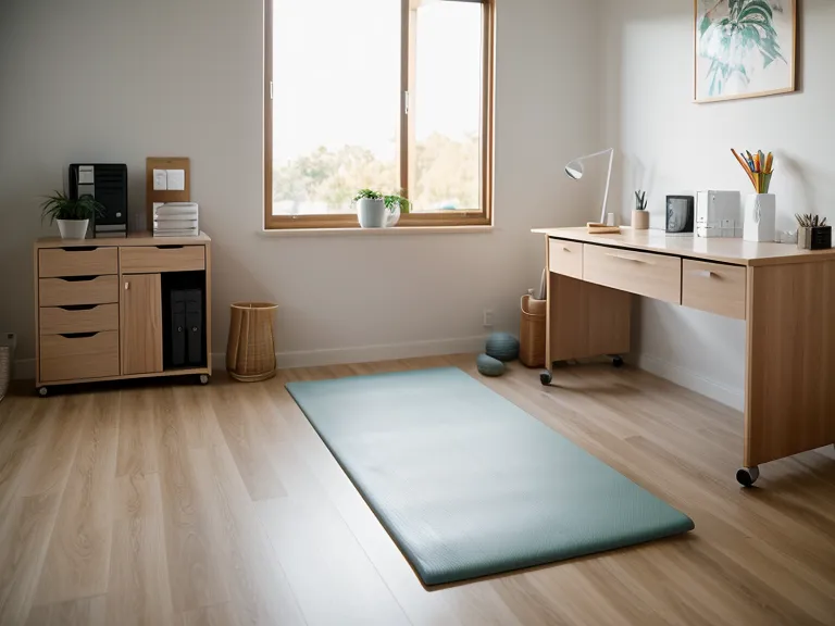 Aufgeräumte Pilates-Ecke im Homeoffice nach dem Training