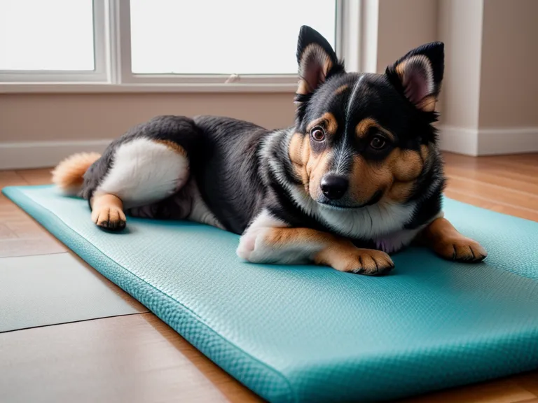 Ein Hund liegt entspannt auf einer Pilatesmatte während einer Trainingseinheit zu Hause.