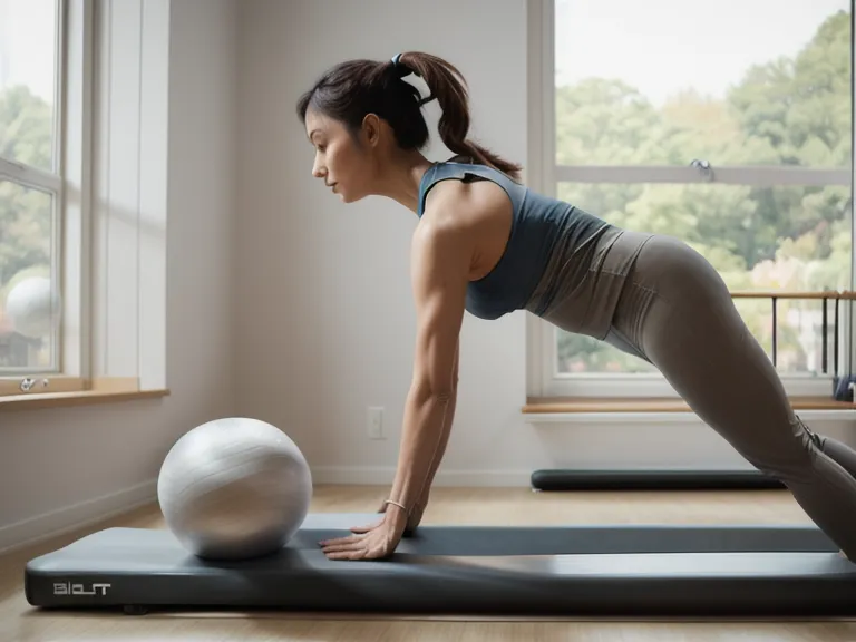 Weicher Pilates Ball für Rückentraining auf einer Matte im Homeoffice