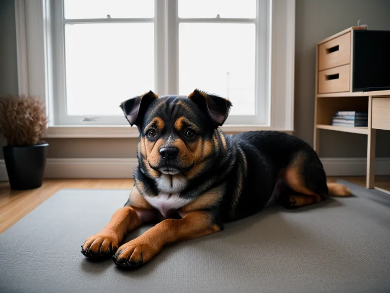 Ein Hund liegt entspannt auf einer Pilatesmatte im Homeoffice.
