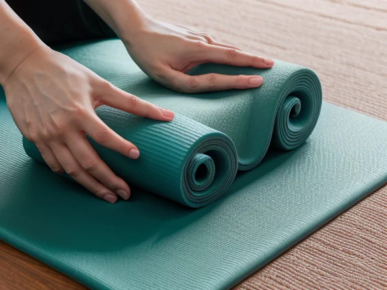 Nahaufnahme von Händen auf einer Pilatesmatte im Homeoffice vor einem Laptop