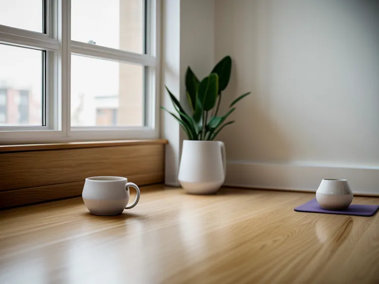 Minimalistischer Arbeitsplatz mit Pilates-Zubehör und einem Hinweis auf Familienalltag