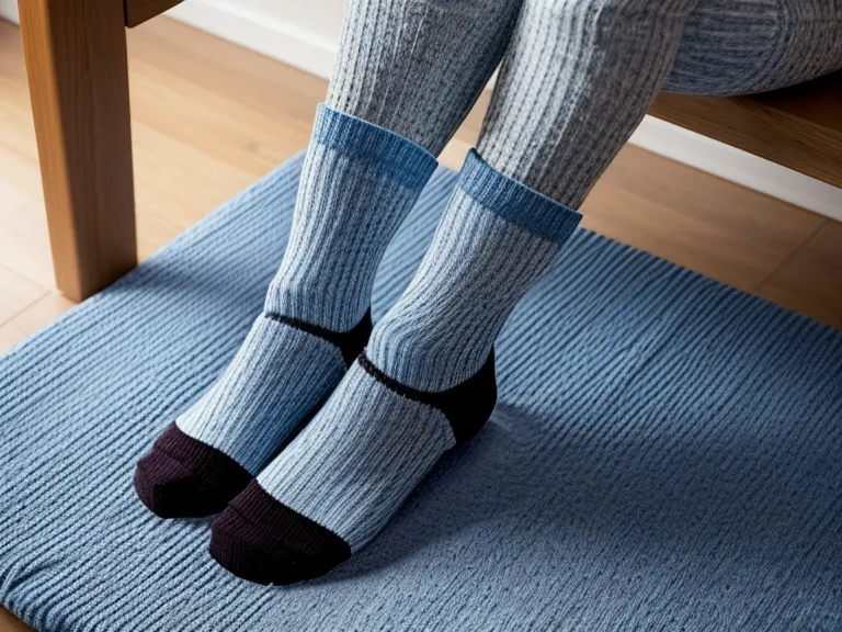Füße in Socken auf einer blauen Pilatesmatte neben einem Schreibtisch.