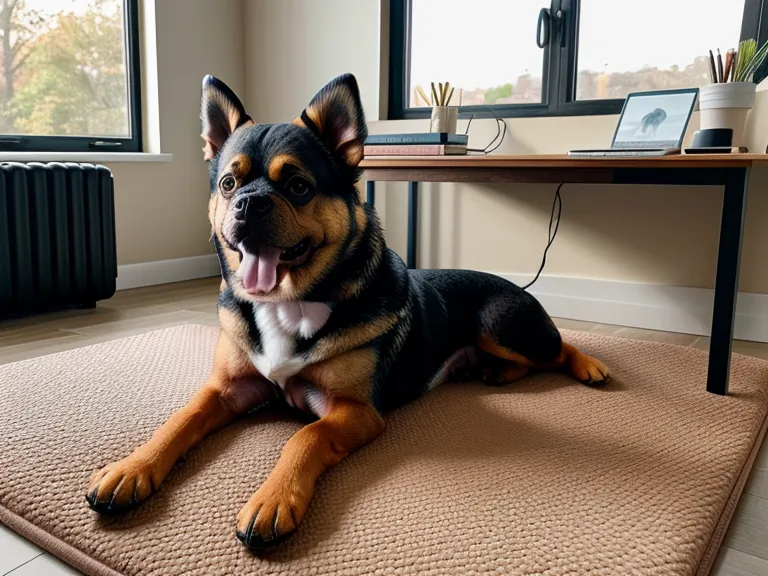 Ein Hund liegt entspannt auf einer Pilatesmatte im Homeoffice.
