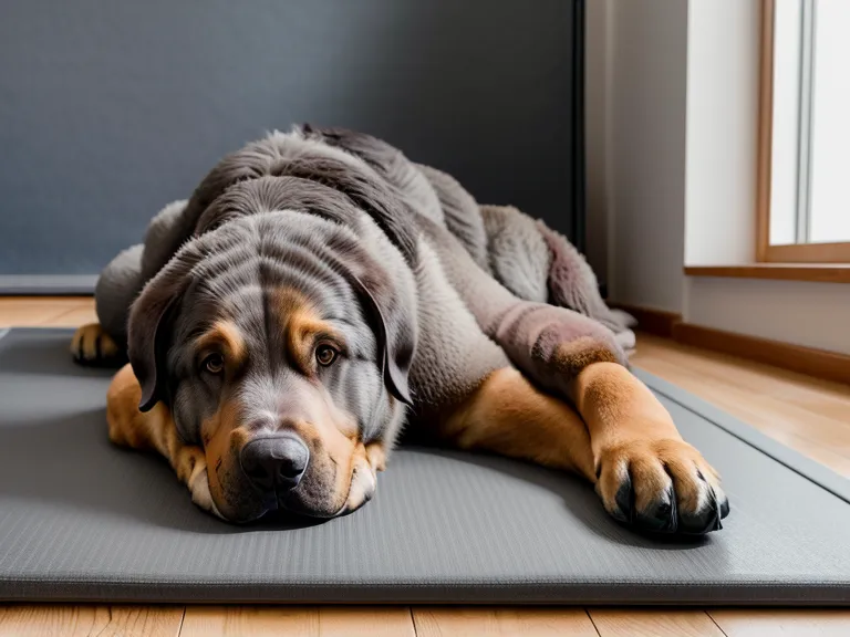 Ein schlafender Hund auf der Ecke einer grauen Pilatesmatte im Homeoffice