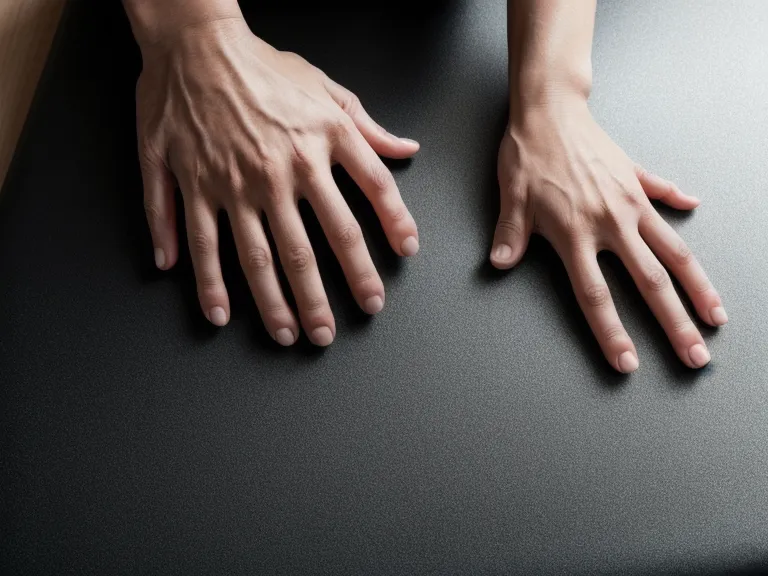 Close-up of hands on a Pilates mat in a home office setting.