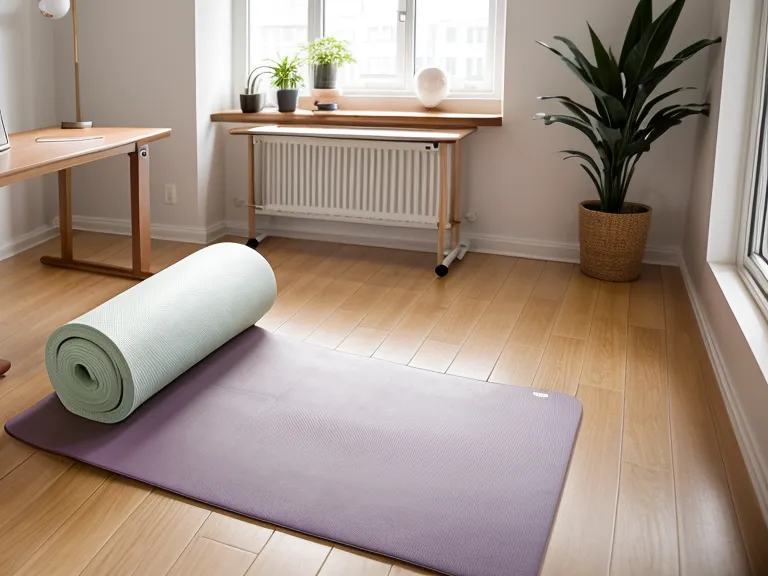 Detailaufnahme einer Pilates-Matte im Arbeitszimmer mit Fokus auf Hände und Ruhe